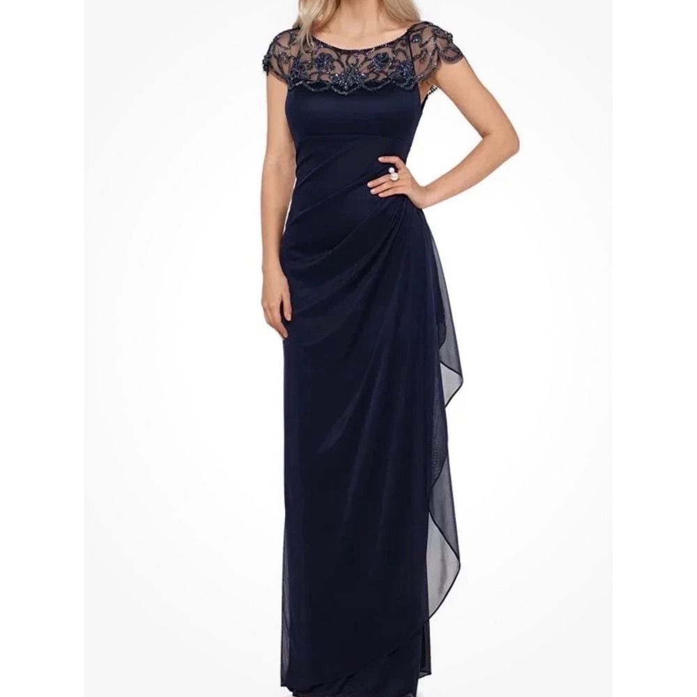 Xscape Navy Blue Beaded Lace Illusion Neckline Ruched Evening Gown Dress 10